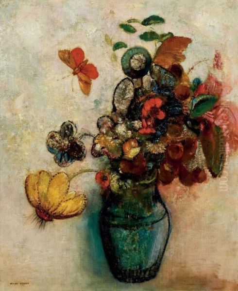 Bouquet De Fleurs Et Papillons Oil Painting by Odilon Redon