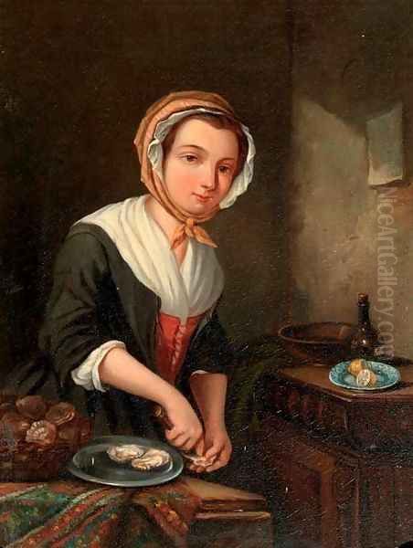 A young girl preparing oysters in an interior Oil Painting by Jan Steen