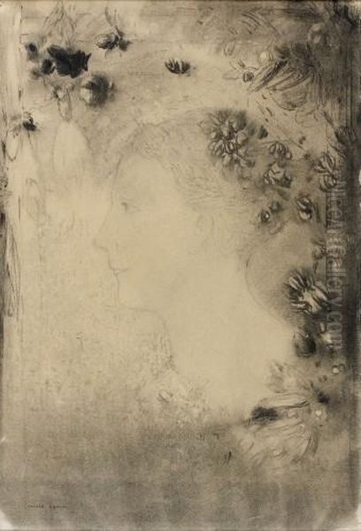 Profil Et Fleurs Oil Painting by Odilon Redon