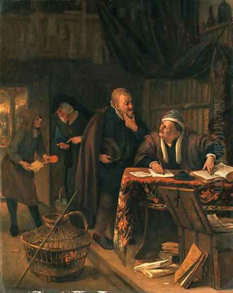 The Rent Day an interior with a lawyer at a table conversing with a client, a clerk offering a sealed document to a lady beyond Oil Painting by Jan Steen