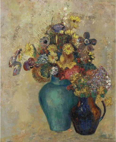 Deux Vases De Fleurs Oil Painting by Odilon Redon