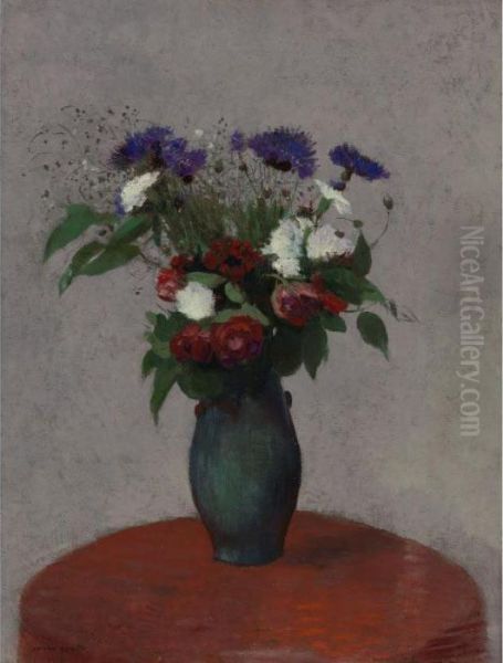 Fleurs Sur Une Nappe Rouge Oil Painting by Odilon Redon