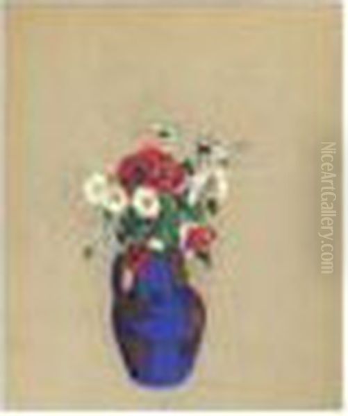 Coquelicots Et Marguerites Dans Un Vase Bleu Oil Painting by Odilon Redon