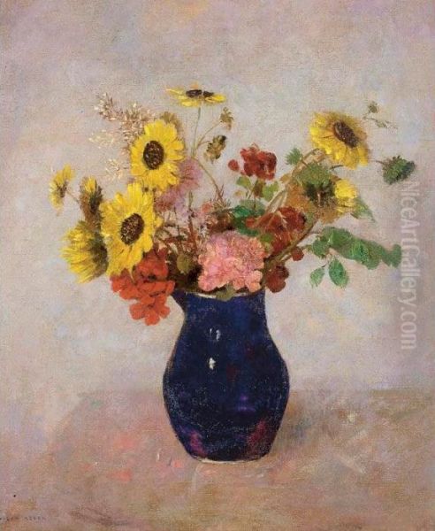 Bouquet Au Petit Vase Bleu Oil Painting by Odilon Redon