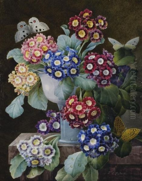 A Bunch Of Auriculae In A Vase On A Marble Plinth, Threebutterflies Oil Painting by Pierre-Joseph Redoute