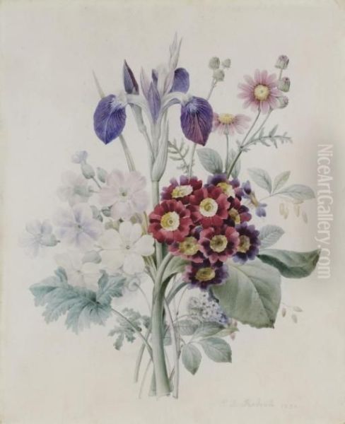 A Bunch Of Flowers With A Blue Iris And Some Red Auriculae Oil Painting by Pierre-Joseph Redoute