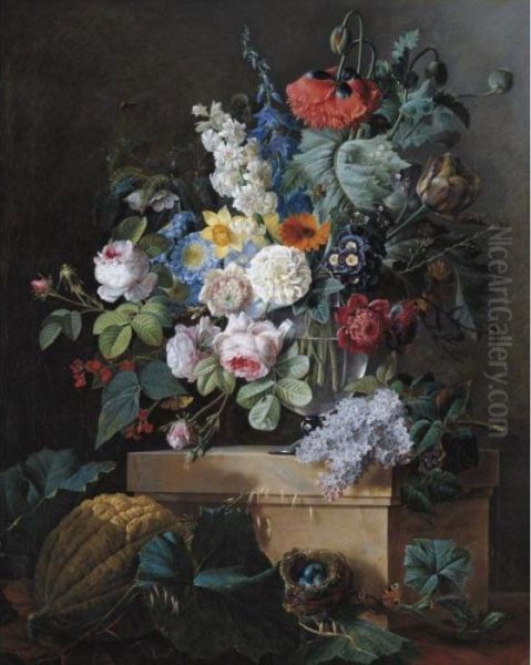 An Elaborate Still Life Of 
Flowers In A Glass Vase Resting On An Alabaster Pedestal With A Bird 
Nest And A Melon Below Oil Painting by Pierre-Joseph Redoute