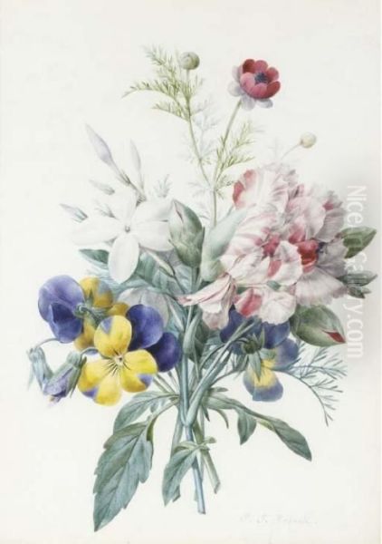 A Bouquet With Violas, Carnations, Jasmine And A Poppy Oil Painting by Pierre-Joseph Redoute