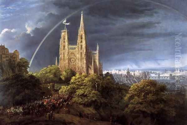 Gothic Cathedral with Imperial Palace Oil Painting by Karl Friedrich Schinkel