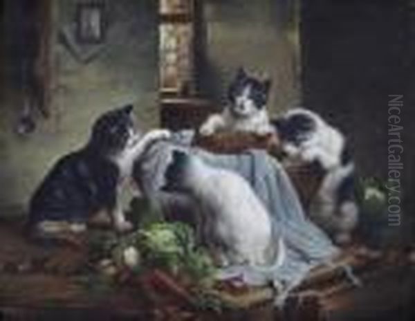 Kittens In Vegetable Basket Oil Painting by Carl Reichert