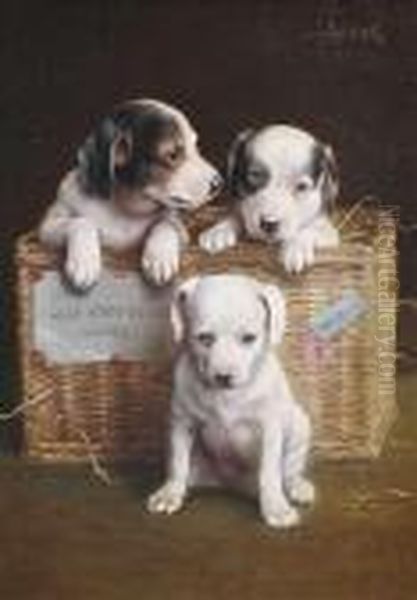 Three Puppies With A Basket. Oil Painting by Carl Reichert