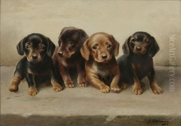 Four Dachshund Puppies Oil Painting by Carl Reichert