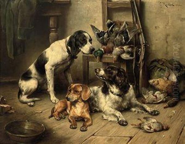 An English Pointer, A Dachshund And An English Springer Spanielafter The Hunt Oil Painting by Carl Reichert