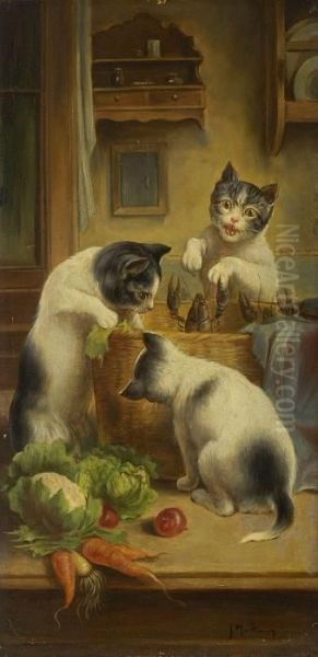 Drei Katzen Uber Dem Einkaufskorb Oil Painting by Carl Reichert