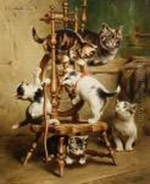 Kittens Playing On A Spinning Wheel Oil Painting by Carl Reichert