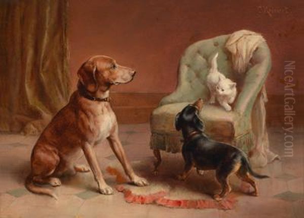 Zwei Hunde Betrachtenaufmerksam Eine Weise Katze Oil Painting by Carl Reichert