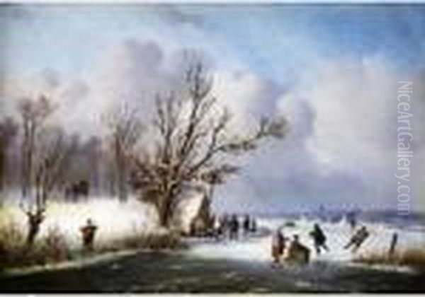 Eisvergnugen In Hollandischer Polderlandschaft Oil Painting by Carl Reichert