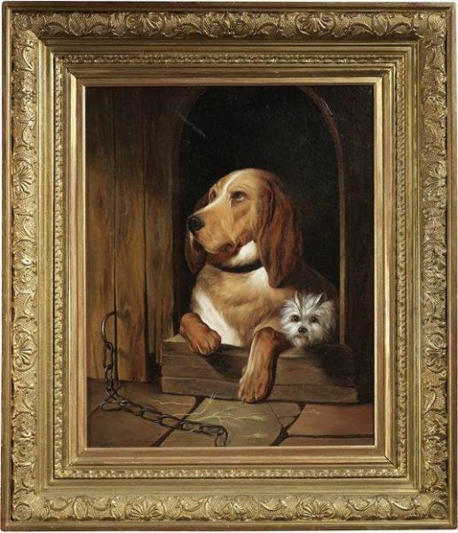 Zwei Hunde Beobachten Das Treiben Ausserhalb Ihrer Hutte Oil Painting by Carl Reichert