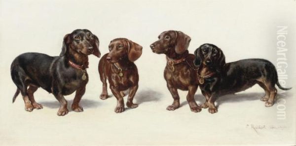 Four Dachshunds Oil Painting by Carl Reichert