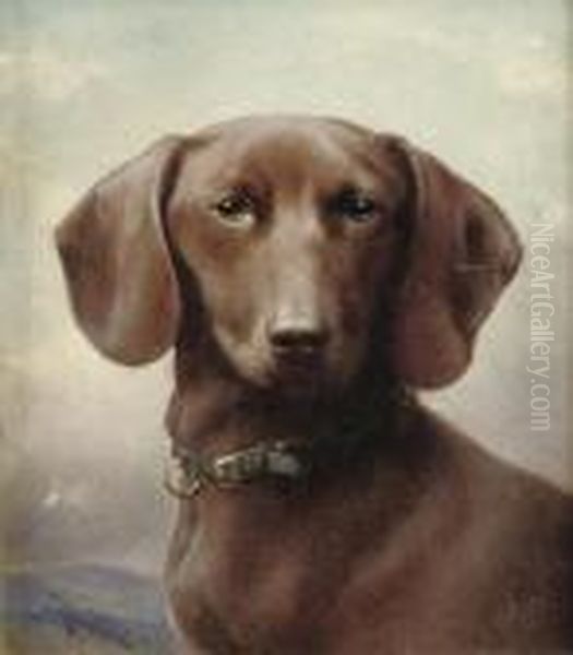 A Dachshund Oil Painting by Carl Reichert