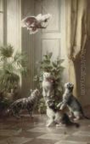 Cats And The Cockatoo Oil Painting by Carl Reichert