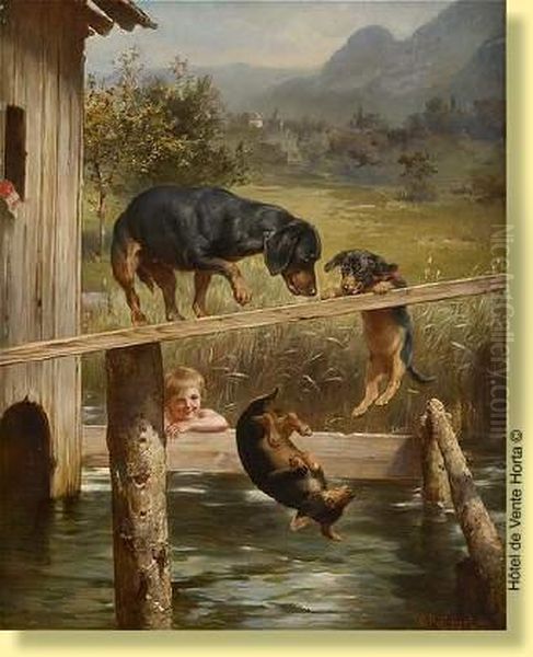 Chiots A L'apprentissage Sous Surveillance Oil Painting by Carl Reichert