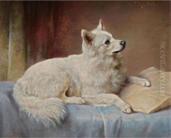 A Keeshond Oil Painting by Carl Reichert