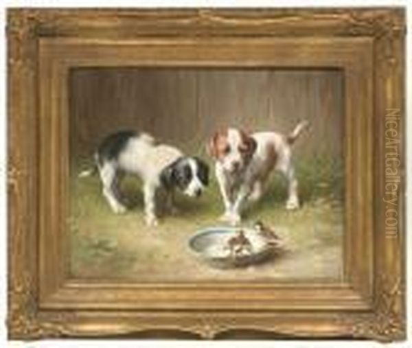 Two Puppies Observing Finchs At A Bird Bath Oil Painting by Carl Reichert