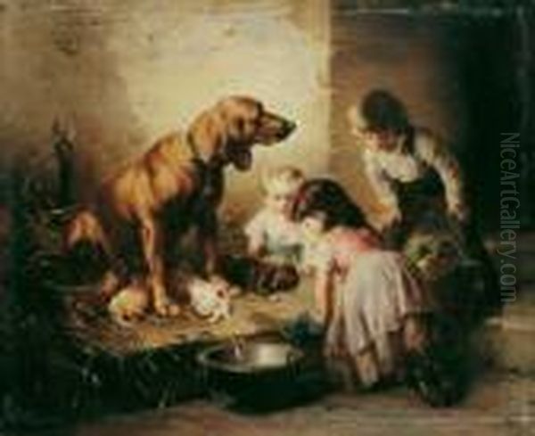 Kinder Eine Hundin Mit Ihren Welpen Bestaunend. Oil Painting by Carl Reichert