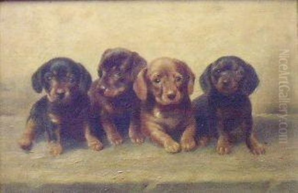 Four Dachshund Puppies In A Row Oil Painting by Carl Reichert