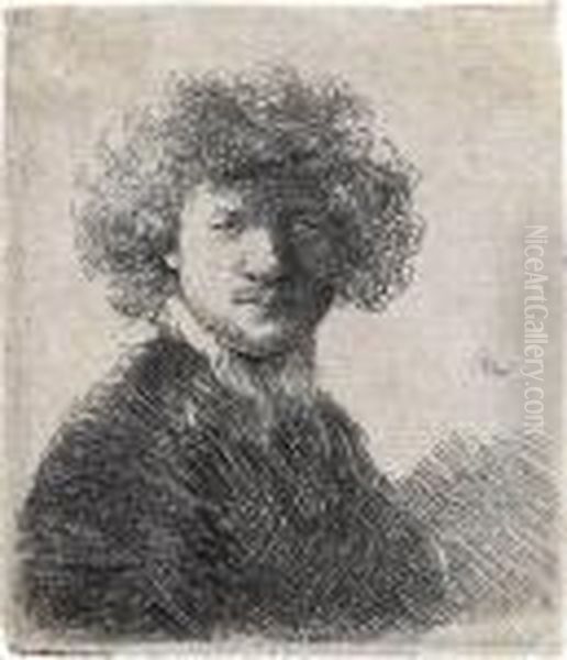 Self Portrait With Curly Hair And White Collar: Bust Oil Painting by Rembrandt Van Rijn