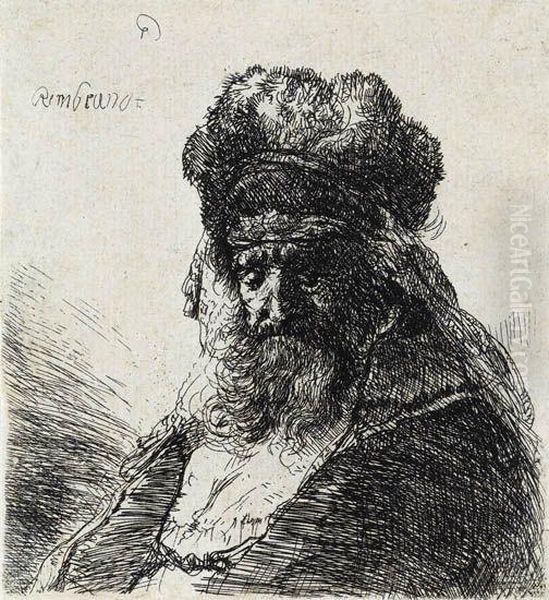 Old Bearded Man In A High Fur Cap, With Eyes Closed Oil Painting by Rembrandt Van Rijn