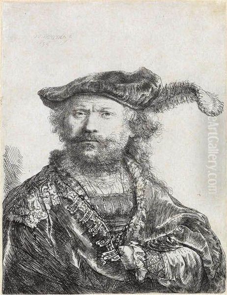 Self Portrait In A Velvet Cap And Plume Oil Painting by Rembrandt Van Rijn