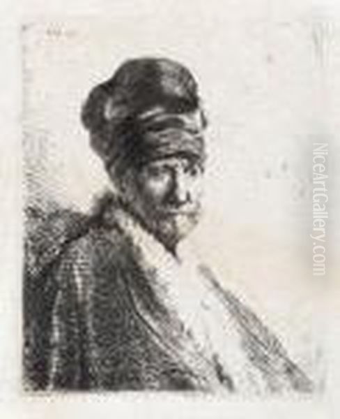 Bust Of A Man Wearing A High Cap Oil Painting by Rembrandt Van Rijn