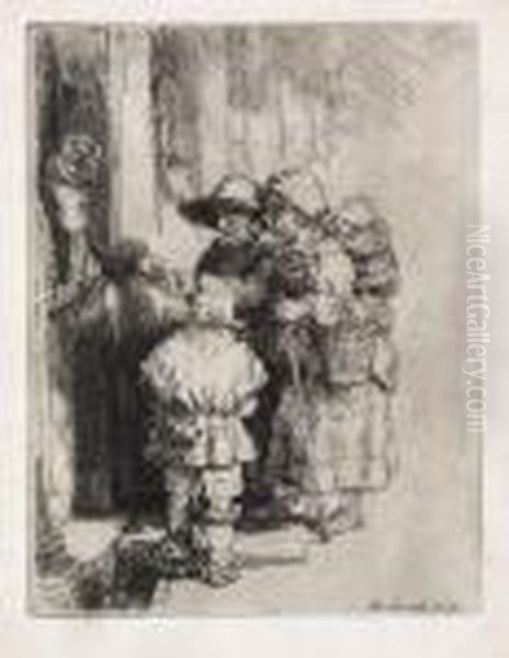 Beggars Recieving Alms At A Door Oil Painting by Rembrandt Van Rijn