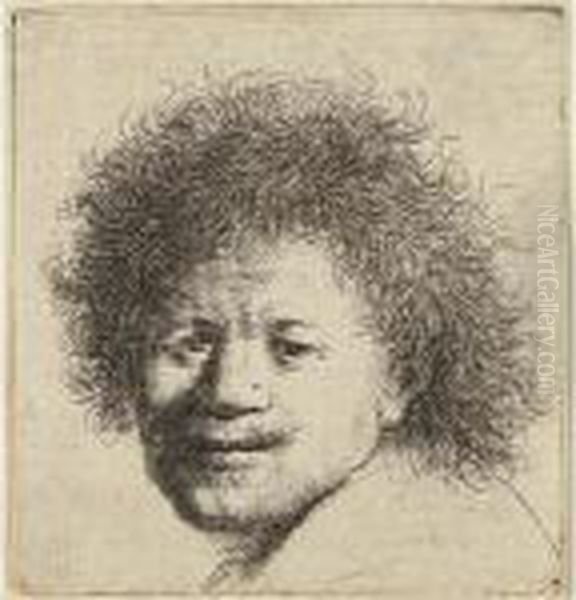 Self Portrait With Long Bushy Hair: Head Only Oil Painting by Rembrandt Van Rijn