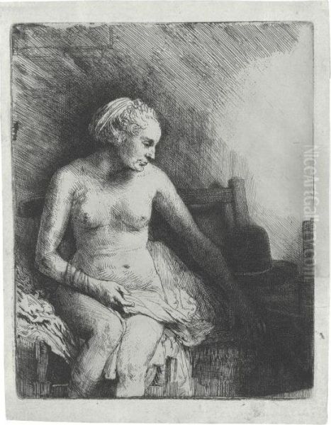 Woman At The Bath With A Hat Beside Her Oil Painting by Rembrandt Van Rijn