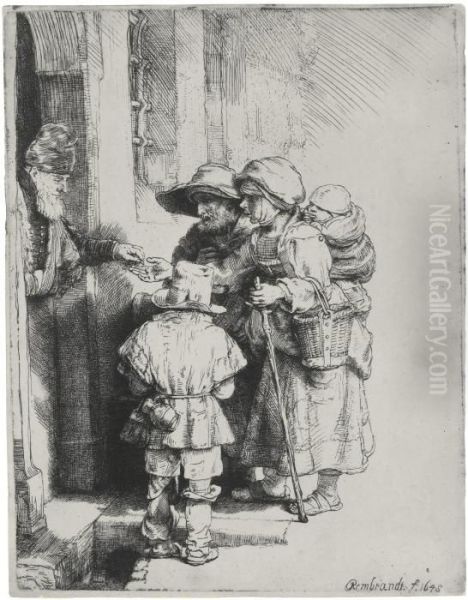 Beggars Receiving Alms At The Door Of A House Oil Painting by Rembrandt Van Rijn