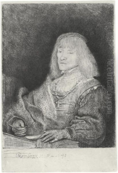 Man At A Desk Wearing A Cross And Chain Oil Painting by Rembrandt Van Rijn