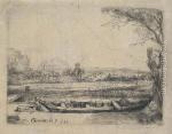 Canal With Large Boat And Bridge Oil Painting by Rembrandt Van Rijn