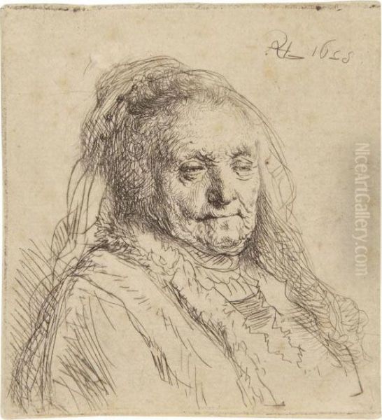 The Artist's Mother, Head And Bust: Three Quarters Right Oil Painting by Rembrandt Van Rijn