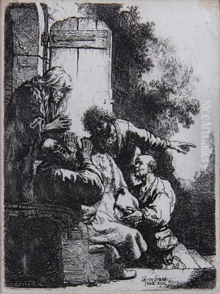 Joseph's Coat Brought To Jacob (bartsch 38) Oil Painting by Rembrandt Van Rijn