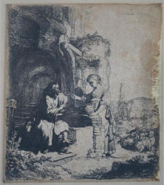 Christ And The Woman Of Samaria Amongst Ruins Oil Painting by Rembrandt Van Rijn