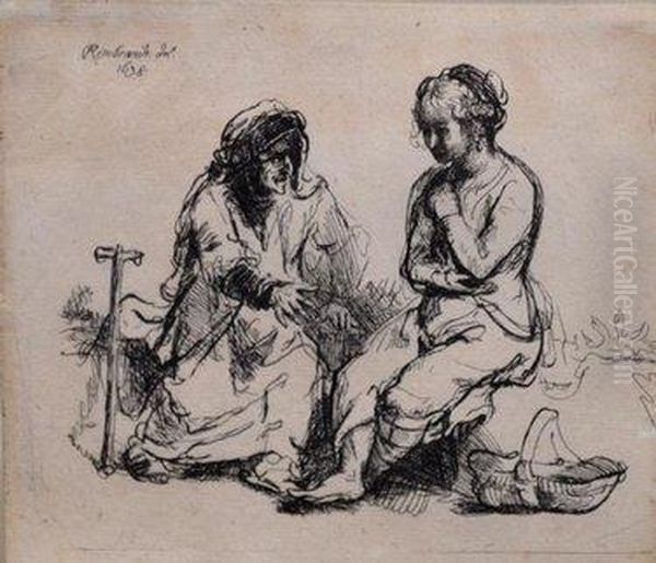 Figure Seated On A Hillock Near A Basket Oil Painting by Rembrandt Van Rijn