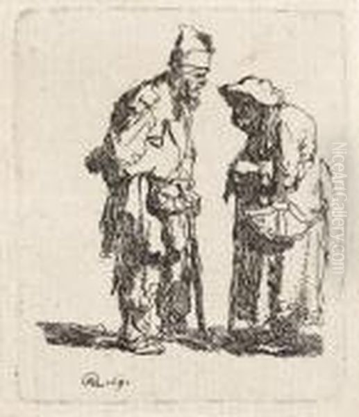 Beggar Men And Woman Conversing Oil Painting by Rembrandt Van Rijn