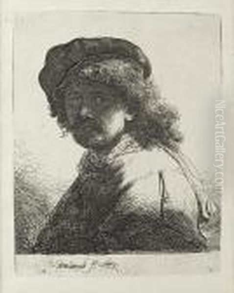 Self Portrait In Cap And Scarf With The Face Dark: Bust Oil Painting by Rembrandt Van Rijn