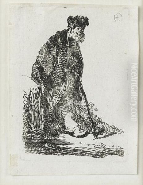 Man In Fur Cap And Cloak Leaning Against A Bank Oil Painting by Rembrandt Van Rijn