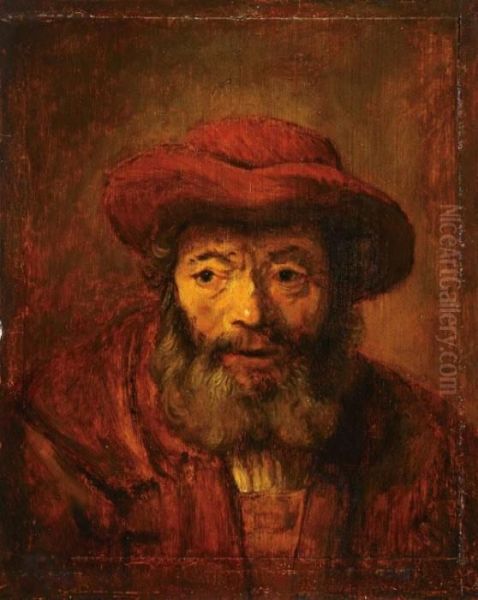 Man With A Beard Wearing Red Hat Oil Painting by Rembrandt Van Rijn