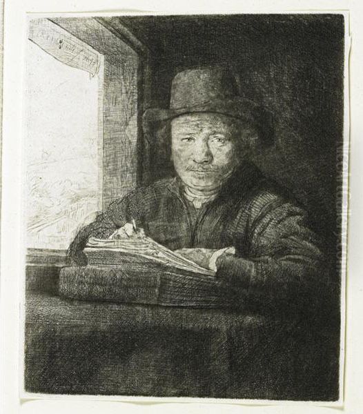 Self Portrait Drawing At The Window Oil Painting by Rembrandt Van Rijn