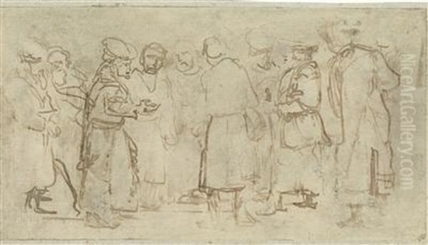 A Group Of Men, Involved In A Discussion Oil Painting by Rembrandt Van Rijn